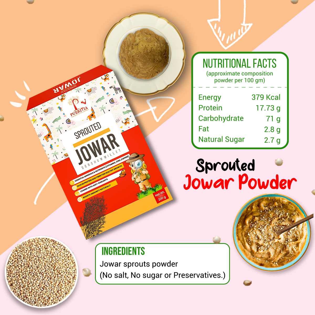 Pueritia Sprouted Jowar Powder 100% Natural Nutrition for Kids